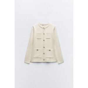 Zara Cream Rhinestone Buttons Padded Shoulders Long Sleeve Cardigan Sweater, NWT
